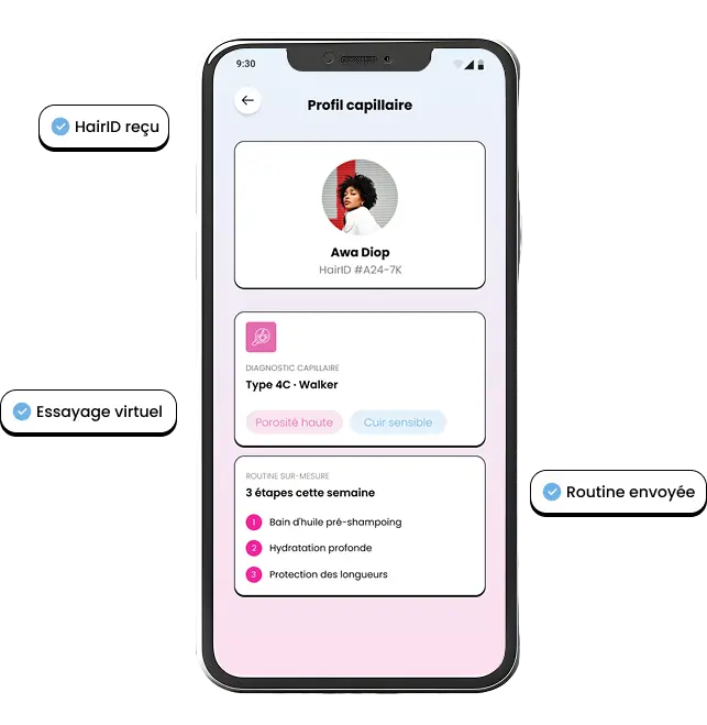 Application Ndeye Coiffure : profil capillaire, essayage virtuel et routine capillaire personnalisée envoyée à l'élève
